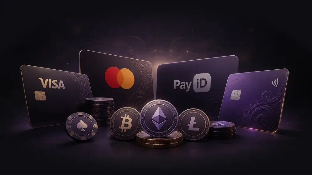 Payment method logos: Visa, Mastercard, PayID, crypto