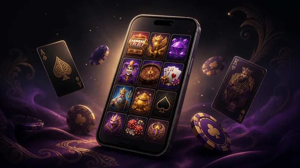 Smartphone showing pokies lobby in portrait mode